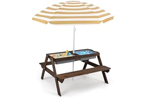 KOTEK Kids Picnic Table, 4 in 1 Sand and Water Tables w/Detachable Tabletop, 2 Removable Play Boxes, Foldable & Height Adjust