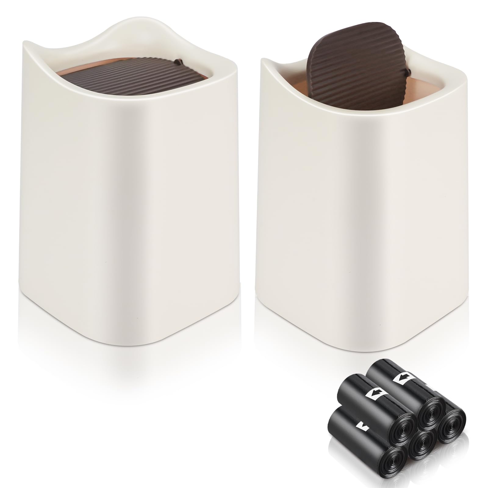 Photo 1 of ***MISSING PIECE*** HOSTK 2Pcs Mini Trash Can with Lid, Plastic Mini Wastebasket with 5 Roll Trash Bags, Tiny Desktop Waste Garbage Bin for Kitchen Bathroom Office Home Bedroom Desk Vanity Tabletop