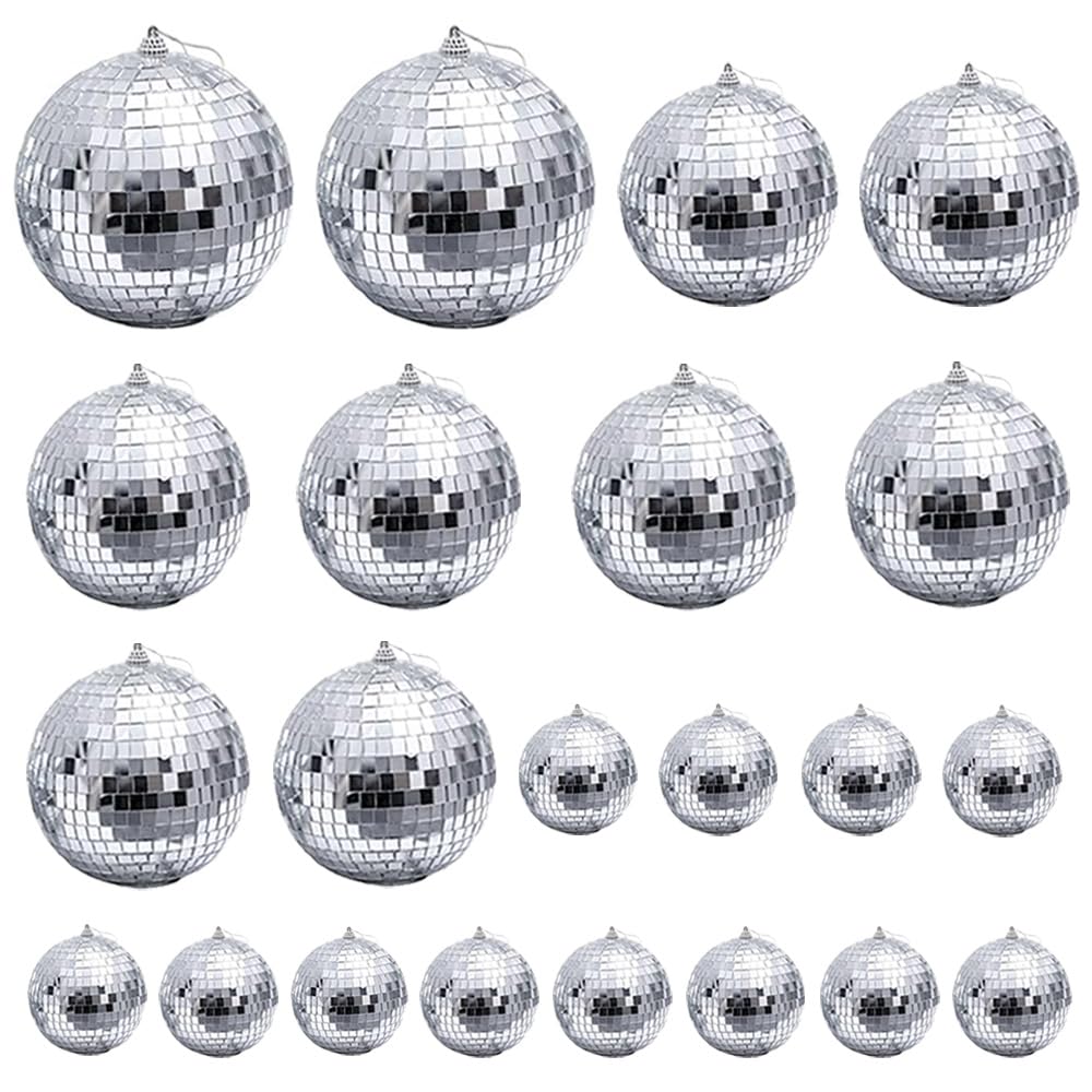 22 Pcs 3 Sizes Silver Mirror Disco Balls Baubles Christmas Tree Bauble Hanging Ball for Home Party Christmas Wedding Decoration Lighting Effect