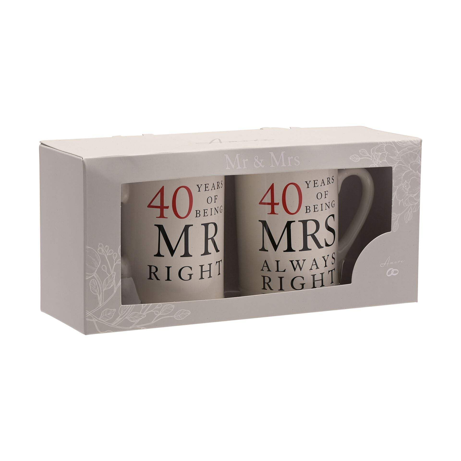 40th Set of 2 China Mugs 'Mr Right & Mrs Always Right'