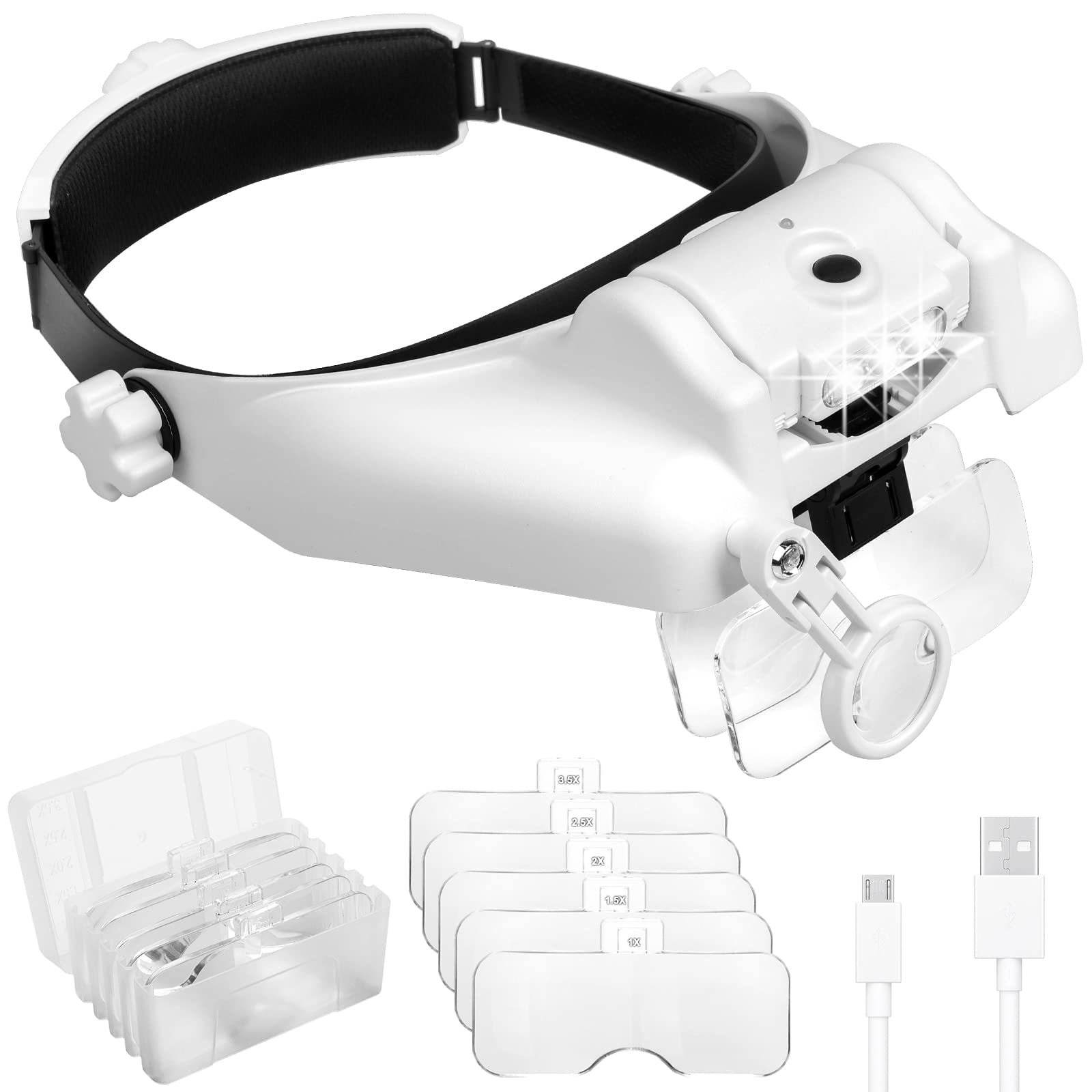 Headband Magnifier Glasses, Lpluziyyds 1X to 14X Rechargeable Head Magnifier with LED Light, Handsfree Head Mount Magnifying Glass with 6 Detachable Lens for Close Work Reading Jewelry Crafts Repair