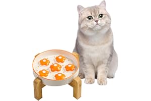 PTOBER Elevated Slow Feeder Cat Bowl - Maze Puzzle Cat Food Dish with Bamboo Stand, Anti-Slip - Raised Base for Comfortable Eating - 6 OZ - Bright Orange Flower