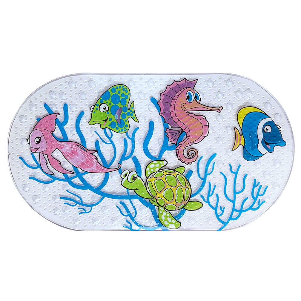 PTAPIPI Non-Slip Kids Bath Tub & Shower Mat 39CM x 69CM - Oval PVC Mat with Strong Suction Cups, Machine Washable (Underwater World)