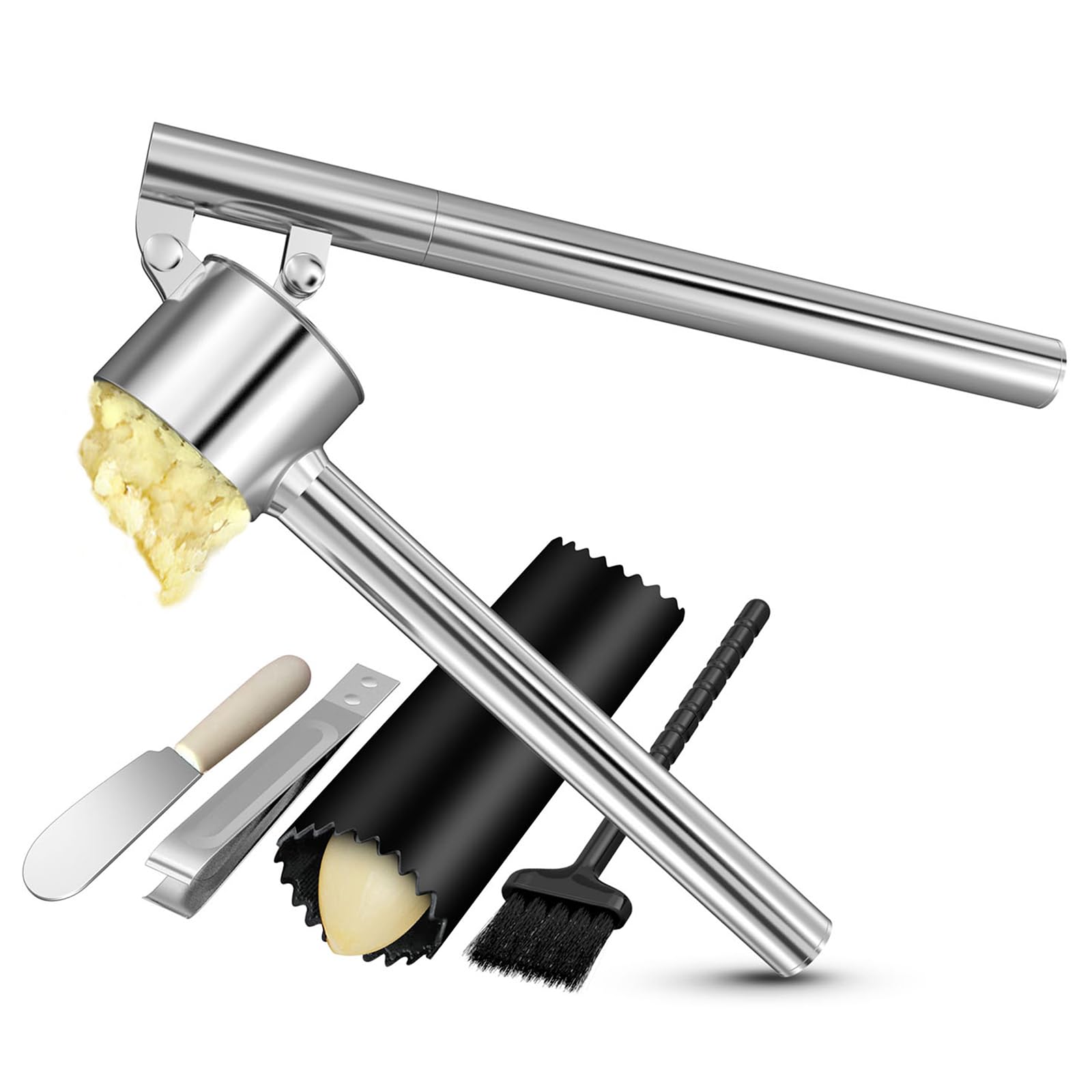 Photo 1 of 5-in-1 Stainless Steel Garlic Press Set with Jumbo Chamber & Mincer - Heavy Duty Rustproof Garlic Crusher with Ergonomic Handle, Dishwasher Safe, Easy Squeeze Design for Ginger, Nuts, Herbs