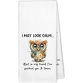 XBBMGG Funny Owl Kitchen Towels, Owl Decor Dish Hand Tea Towels, Owls Gifts for Women Decorative Towel for Bathroom Kitchen, I May Look Calm Housewarming Bar Bathroom Decor, 16x24 Inch
