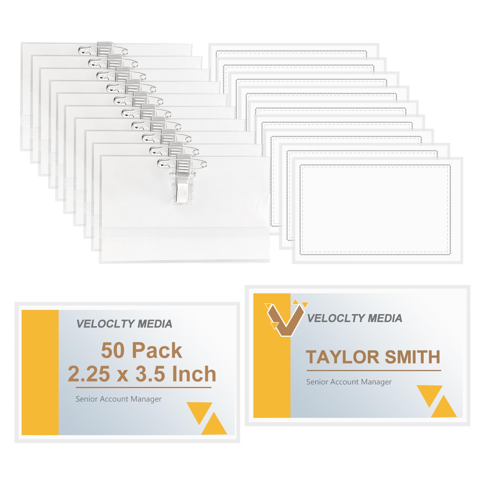 Fushing Pin Style Combi Clip Horizontal Name Badge Holders with Inserts Fit Card Size 3.38 x 2 Inch (50)