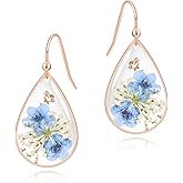 Jayden Forget-Me-Not and Queen Anne’s Lace Pressed Flower Earrings for Women, Handmade Bohemian Floral Jewelry, Unique Personalized Gift for Girls & Her