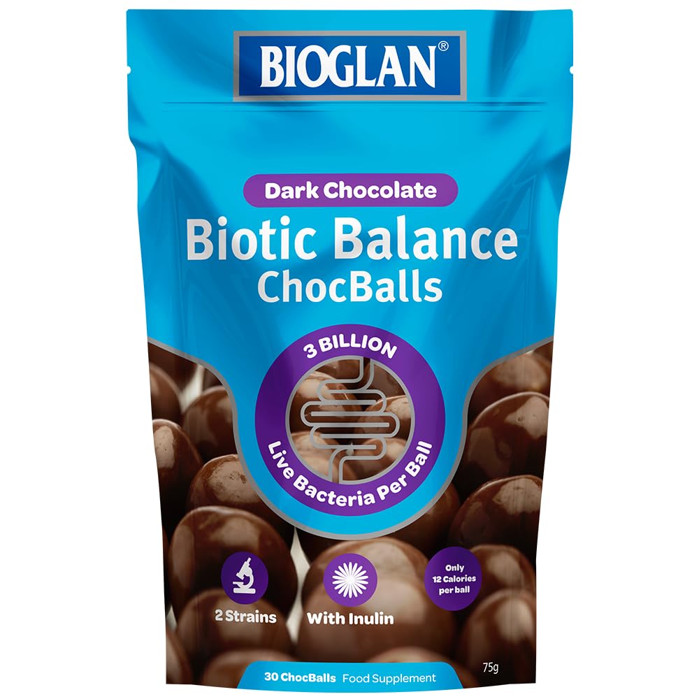 Bioglan Biotic Balance Dark Choc Balls, 3 Billion CFU Probiotic, live cultures wrapped in delicious dark chocolate, contains Lactobacillus Rosell, Bifodobacterium Rosell, & Inulin. – 30 balls