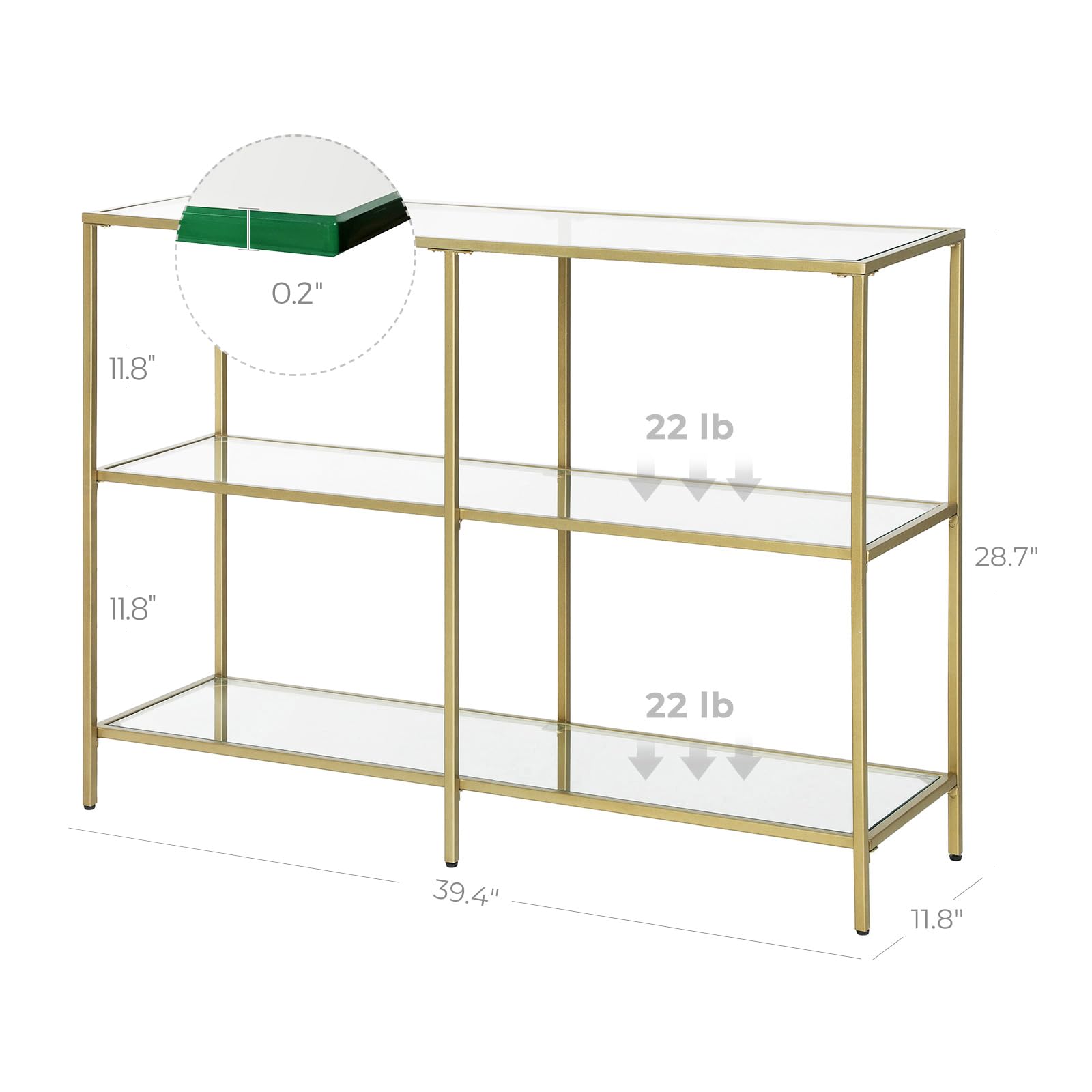 VASAGLE 39.4 Inch Console Table with 3 Shelves, Sofa Tables, Modern Entryway Table, Metal Frame, Tempered Glass Shelf, Entryway Living Room Bedroom, Metallic Gold and Transparent ULGT27G