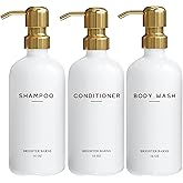 Luxury Shampoo and Conditioner Dispenser Set by Brighter Barns - Shower Soap Dispenser - Shampoo Conditioner Body Wash Dispenser & Pump - White and Gold Bathroom Accessories in Spa, Hotel, Gift (Gold)