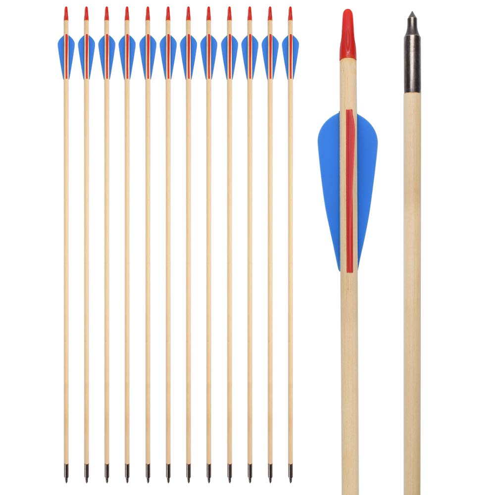 ELONG OUTDOOR Archery Wooden Arrow 30 inch with Sleeve Points for Recurve Longbow Shaft Practice Target Arrows 12PK
