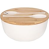 GEHE Bamboo Salad Bowl with Servers Set - Large 9.8 inches mixing bowls Solid Bamboo Salad Wooden Bowl with Lid Spoon for Fruits,Salads and Decoration (White, 9.8INCH)