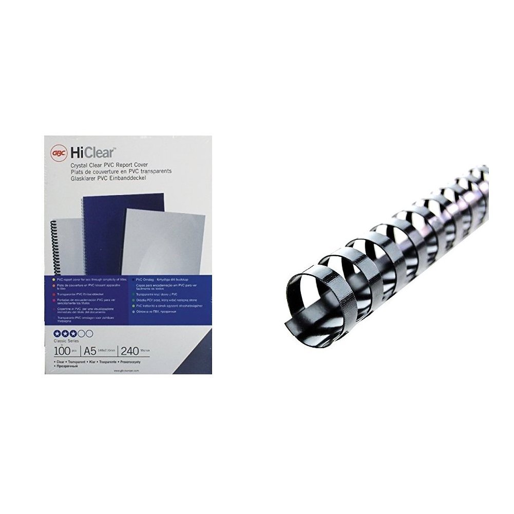 GBC HiClear PVC Binding Covers 240 micron A5, Clear, 100 Pack with CombBind Binding Combs 8 mm, A5, Black, 95 Sheets Capacity, Pack of 100