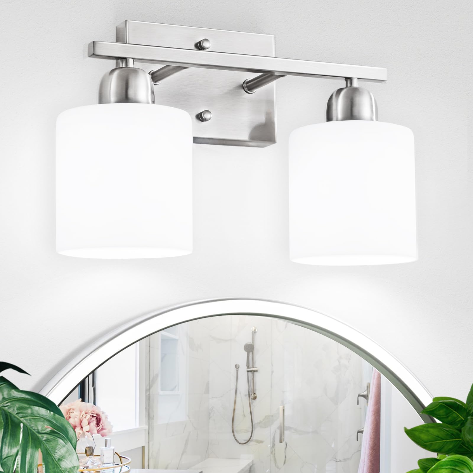 Photo 1 of Brushed Nickel Bathroom Light, 2 Light Bathroom Vanity Light Brushed Nickel, Vanity Lamp with Milky White Frosted Glass Shades, E26 Socket