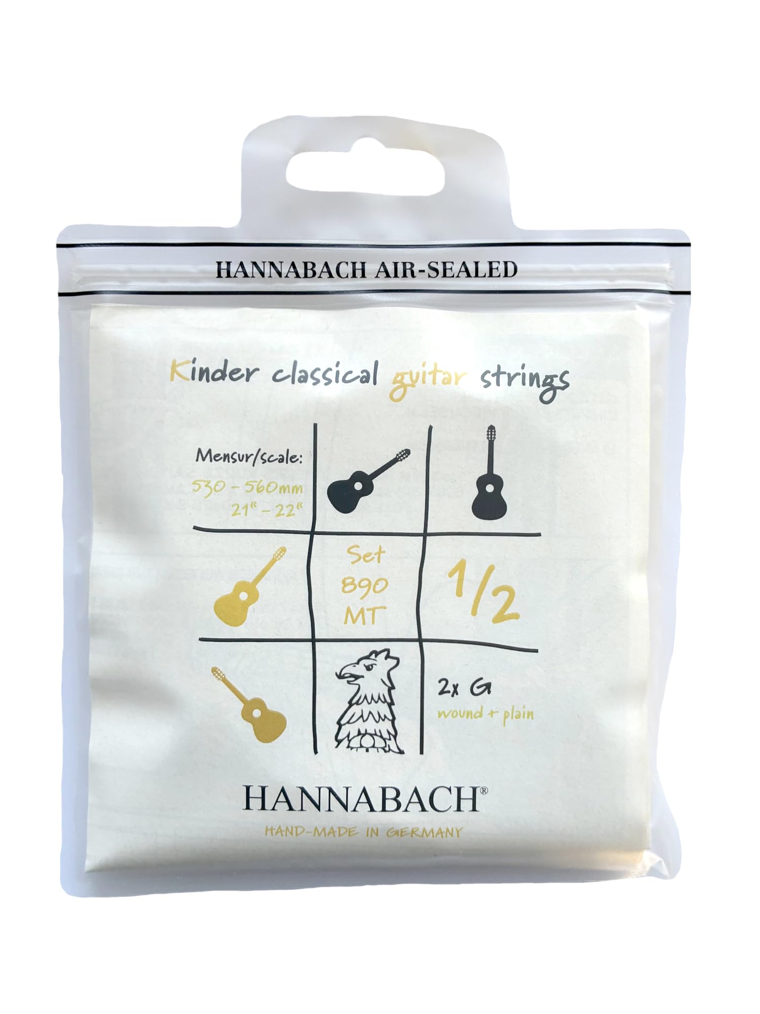 Hannabach Classical Guitar Strings Series 890 MT for 1/2 Children's Guitar Scale: 53-56 cm - Set with 2 G-strings - 890MT 1/2