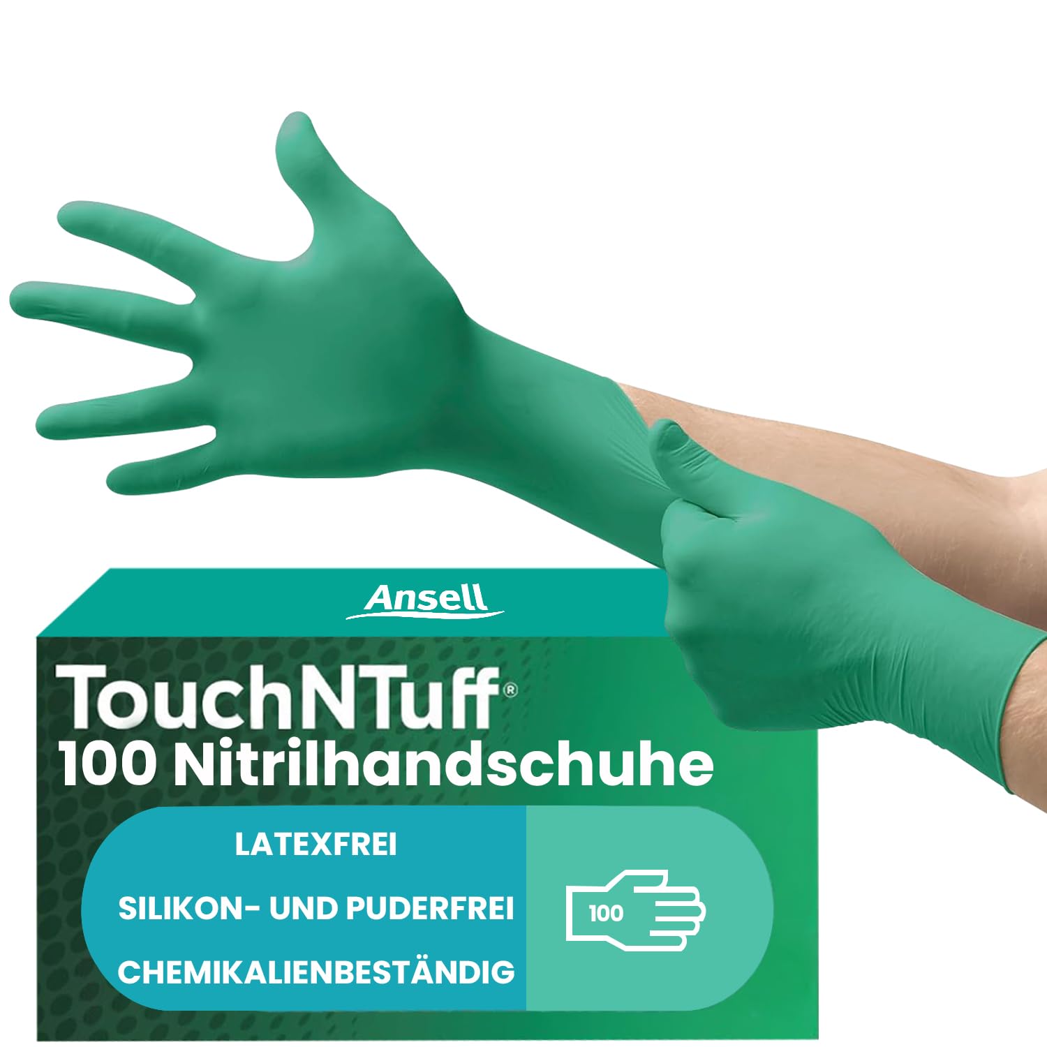 Ansell TouchNTuff 92-600,Nitril- Einmalhandschuhe, Einweghandschuhe für Lebensmittel, Chemikalienschutzhandschuhe mit hohem Schutz, Latexfreie Handschuhe, Grüne Nitrilhandschuhe, 100 Stück, Gr. L