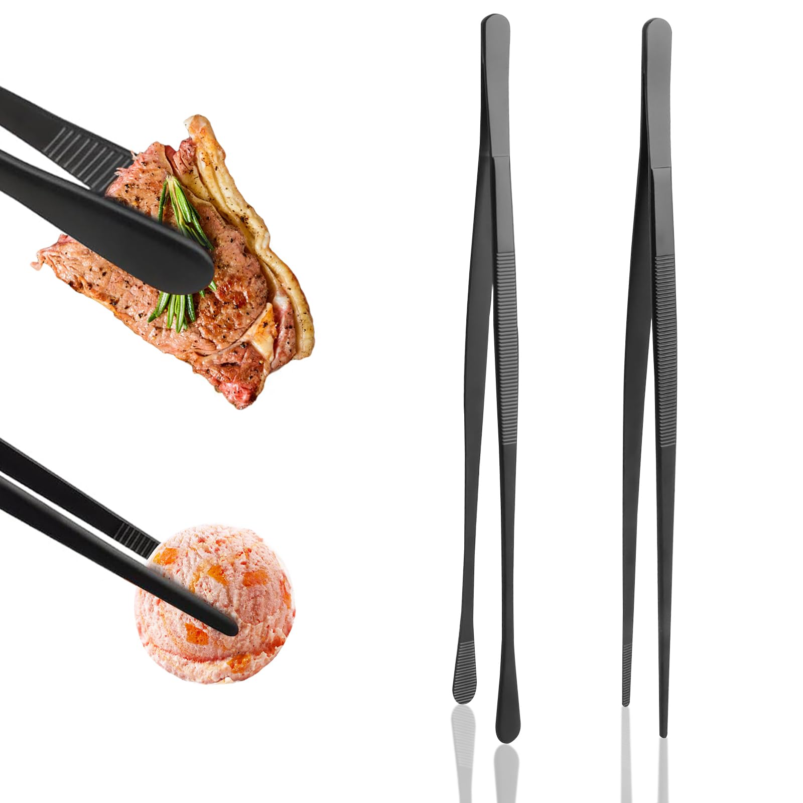 2PCS Cooking Tweezers Tongs, 30cm Stainless Steel Kitchen Tweezers Cooking Tongs, Black Long Tweezers Precision Serrated Tips Kitchen Tools for Serving Plating BBQ Baking Cake Decorating