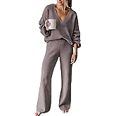 Viottiset Women's 2 Piece Outfits Sweater Lounge Set V Neck Knit Top Wide Leg Pants Sweatsuit Purple Grey M