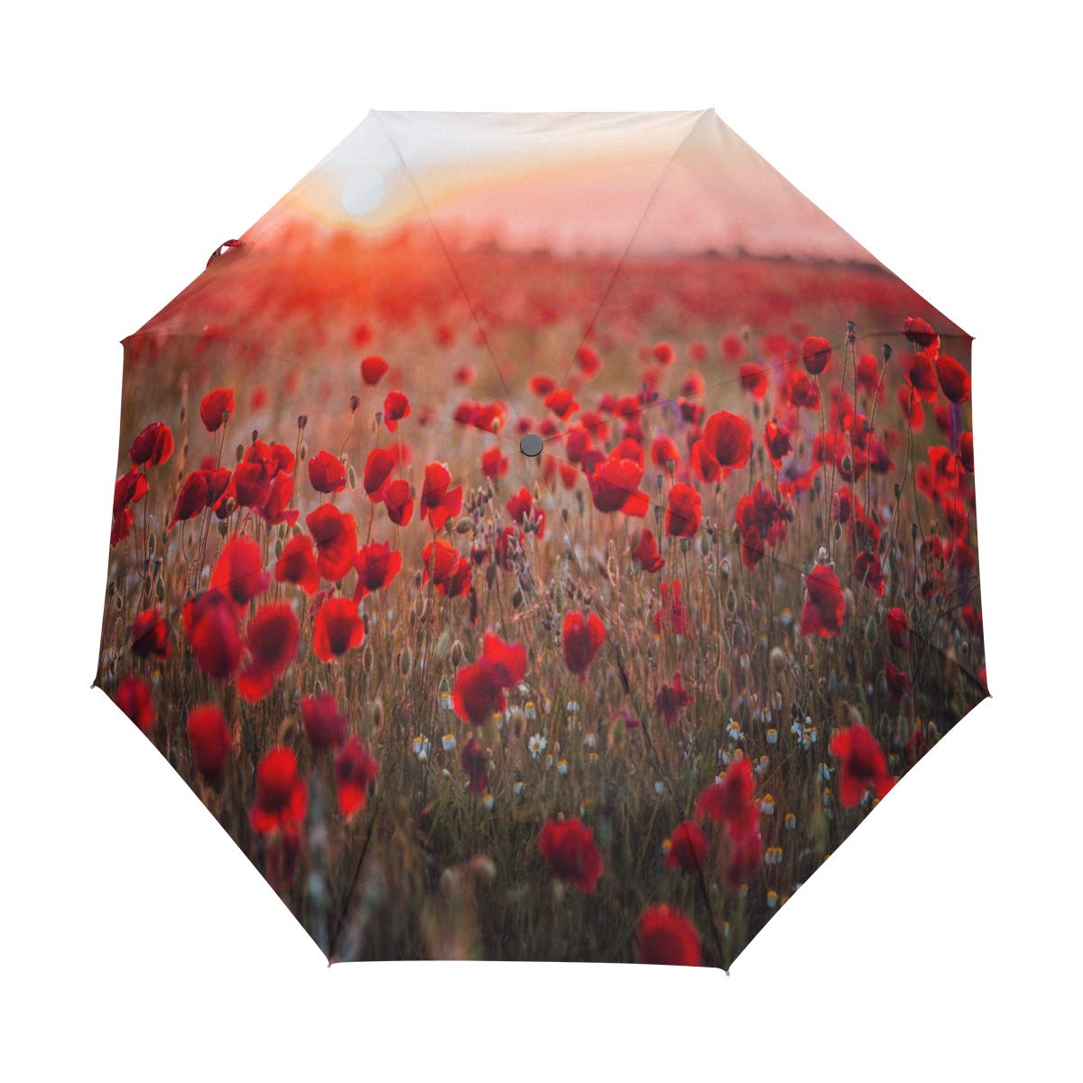 Hunihuni Flower Red Poppy Auto Open Folding Umbrella Windproof Waterproof Anti-UV Protective Sunblock Umbrella