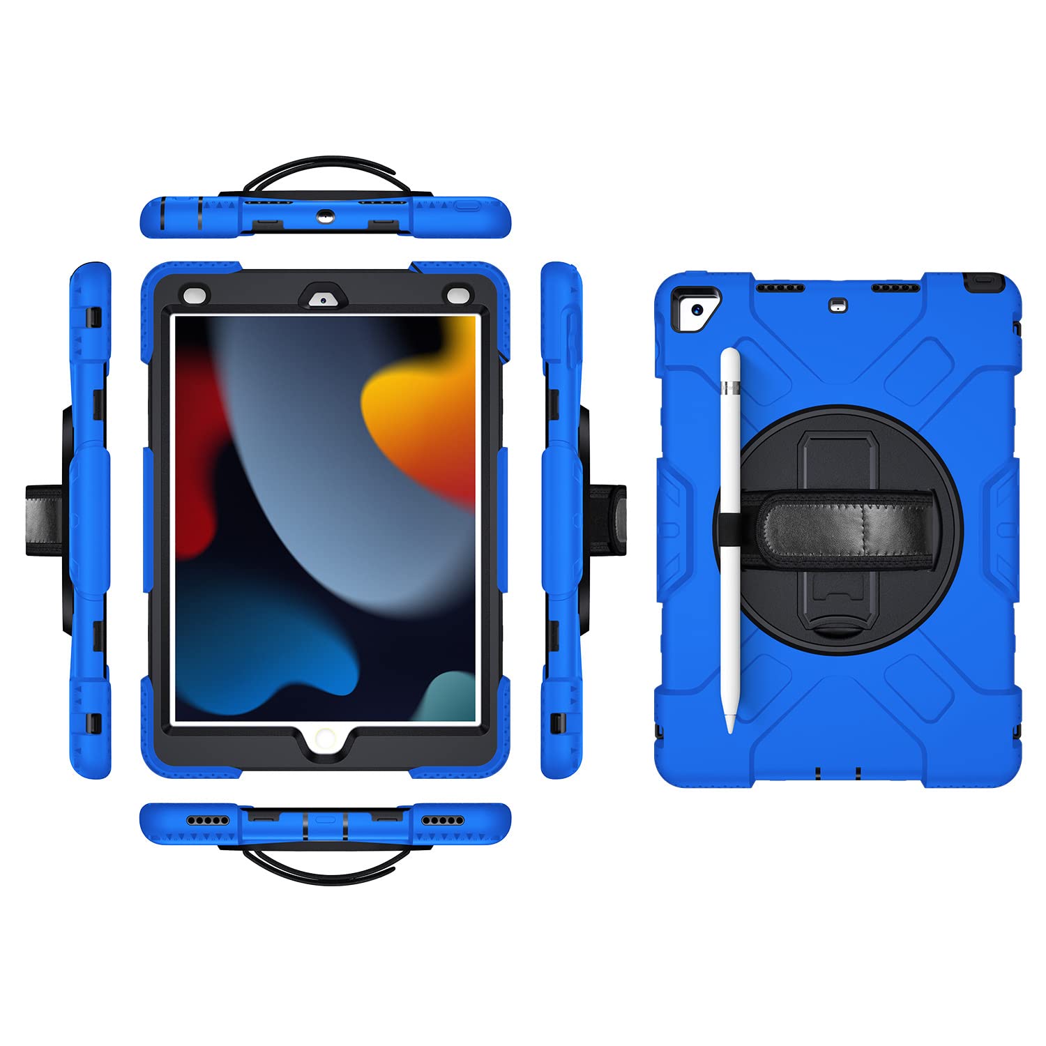iPad Pro 12.9 2018/2020/2021 Generation Case with Screen Protector Pencil Holder Kickstand 360 Rotating Hand Strap Hand Strap Kickstand Robust Protective Case (Blue)