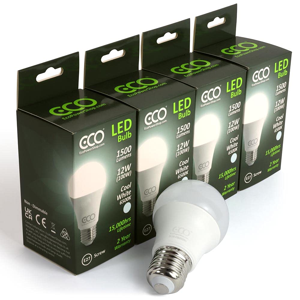 ECO 100W E27 Edison Screw Energy Saving LED Light Bulbs, Low Energy 12W LED, Bright 1500 Lumens, Cool White 6500K, 15,000Hrs Lifetime, 4X Pack.