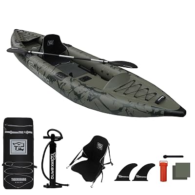 TIGERXBANG Inflatable Kayak with Detachable Seat,12.6'x40''x10.6''SUP-Kayak Set (Hand Pump/Aluminium Paddle/Backpack/and Multi-Functional Base),Adult/Kid Kayak Boat for Fishing ,Touring