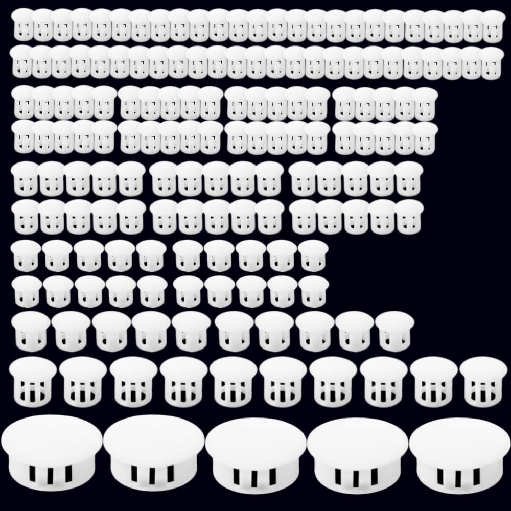 Athyior 165pcs Plastic Hole Plugs White 7 Sizes - Screw Hole Covers Caps Locking Insert End Cap Round Flush Type Holes Fix Plug Drilling Cover for Furniture Cabinet Kitchen Cupboard — image 1