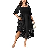 SCOMCHIC Women's Plus Size Maxi Dress Short Sleeve Square Neck Hollow Out Smocked Flowy A-Line Boho Wedding Guest Dresses