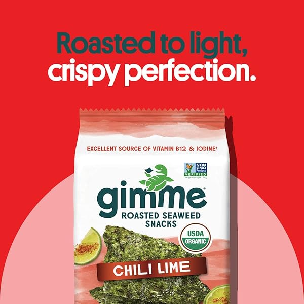 GIMME SEAWEED ORGANIC PREMIUM ROASTED SEAWEED SNACKS, CHILI LIME, 6 COUNT, KETO, VEGAN, GLUTEN-FREE, GREAT SOURCE OF OMEGA3S AND IODINE, HEALTHY ON-THE-GO SNACK FOR KIDS AND ADULTS