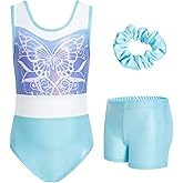 JiAmy Gymnastics Leotards for Girls, 5-10 Years Sparkly Biketards Unitards with Shorts Dance Ballet Tumbling Outfits