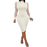 Uni Clau Women's Sexy Ribbed Bodycon Dress Mesh Floral Long Sleeve Slim Fit Midi Lilac Night Club Party Dresses