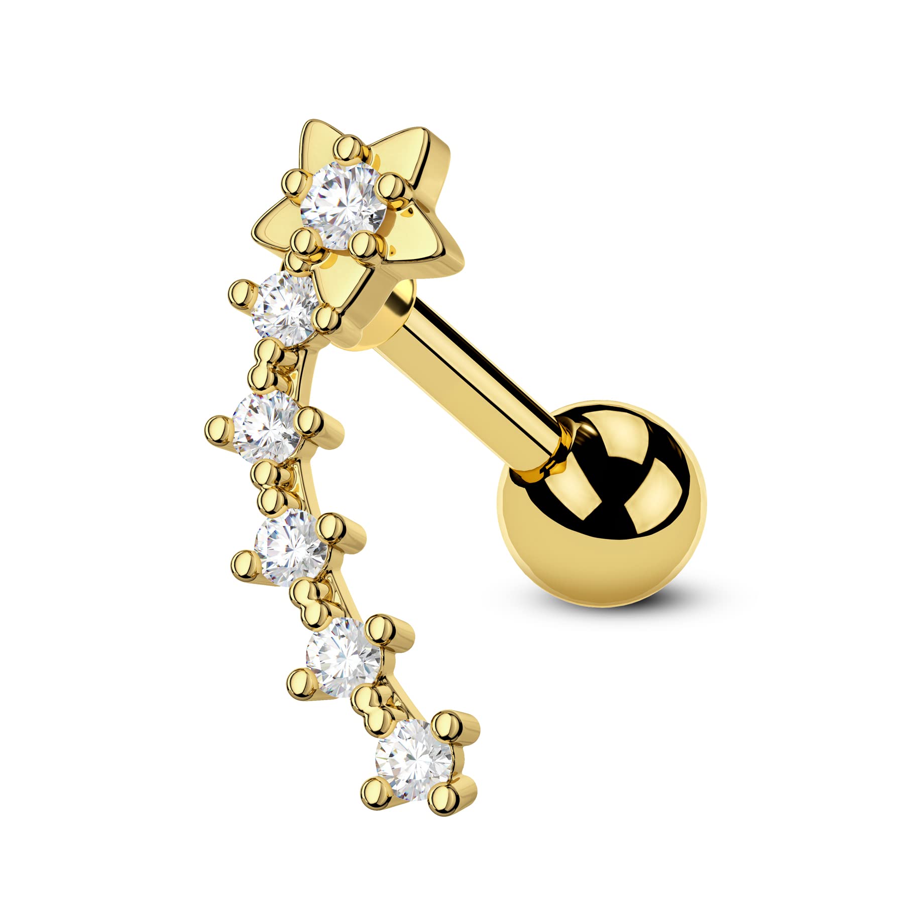 CM Crareesi Mania Star Helix Earrings - 16G Curved Cartilage - 316L Stainless Steel - Five Tiny Clear CZ - Gold Forward Helix Earrings - Conch Snug Upper Lobe Studs