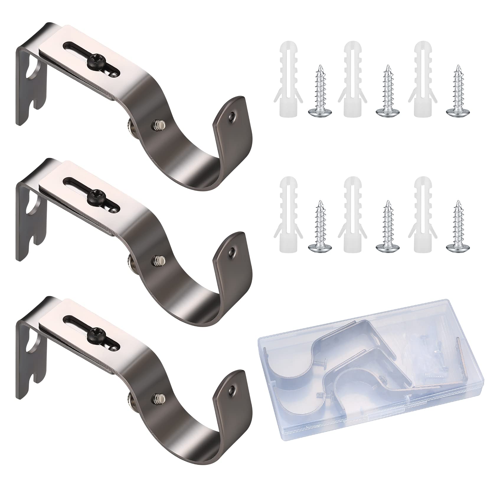 3 Pcs Curtain Brackets, Black Adjustable Curtain Rod Holders, Reinforced Metal Supports with Screws for Wall‑Mounted Poles
