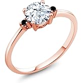 Gem Stone King 10K Rose Gold White Created Sapphire and Black Diamond Solitaire Engagement Ring For Women (1.23 Cttw, Round 6MM, Gemstone September Birthstone)