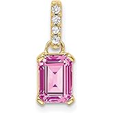 14k Yellow Gold Pendant with Emerald Cut Pink Gemstone, Round White Accent Stones on Bail, Created Sapphire Necklace Charm for Women, Fine Jewelry Statement Pendant for Daily Wear or Fashion