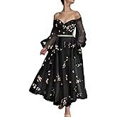 Fivsole Off Shoulder Puffy Sleeve Prom Dress Flower Embroidered Tulle Short Formal Floral Gowns