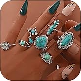 Annpro Bohemian Joint Knuckle Rings Set for Women,Vintage Boho Turquoise Stackable Rings Chunky Retro Turquoise Midi Finger Ring Statement Western Jewelry