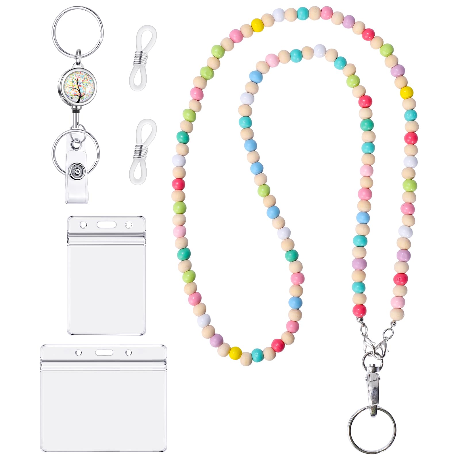 Photo 1 of Lanyards for ID Badges Teacher Gifts Cute Wooden Beaded Lanyard with ID Holder Retractable Badge Reel Keys Eyeglass Chains for Women