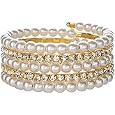 Handmade Crystal Pearl Elastic Bangle Gold Silver Multilayer Freshwater Pearl Bracelet Sparkling Stackable Crystal Bracelets for Women Wedding Jewelry
