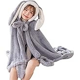 Cute Bunny Ear Wearable Throw Blanket with Hand Gloves for Women Girls 59inch Length Warm Cozy Plush Flannel Hoodie Poncho