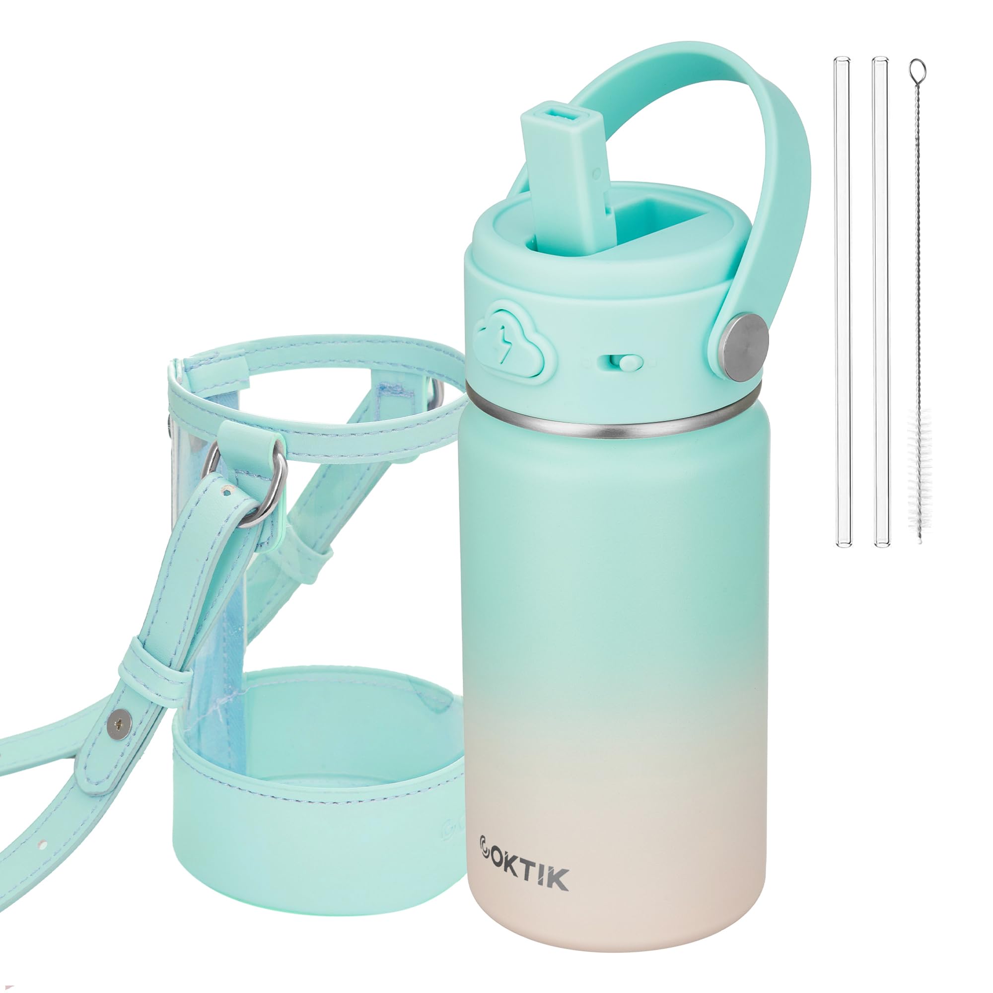 Photo 1 of **MINOR DAMAGED**
COKTIK Kids Water Bottle with Straw, 14oz Insulated Stainless Steel Tumbler, Leak-Proof Locking Lid for School, Lunchbox, Outdoor Sports, Case with Shoulder Strap(1 Pack,Mint Bloom)
