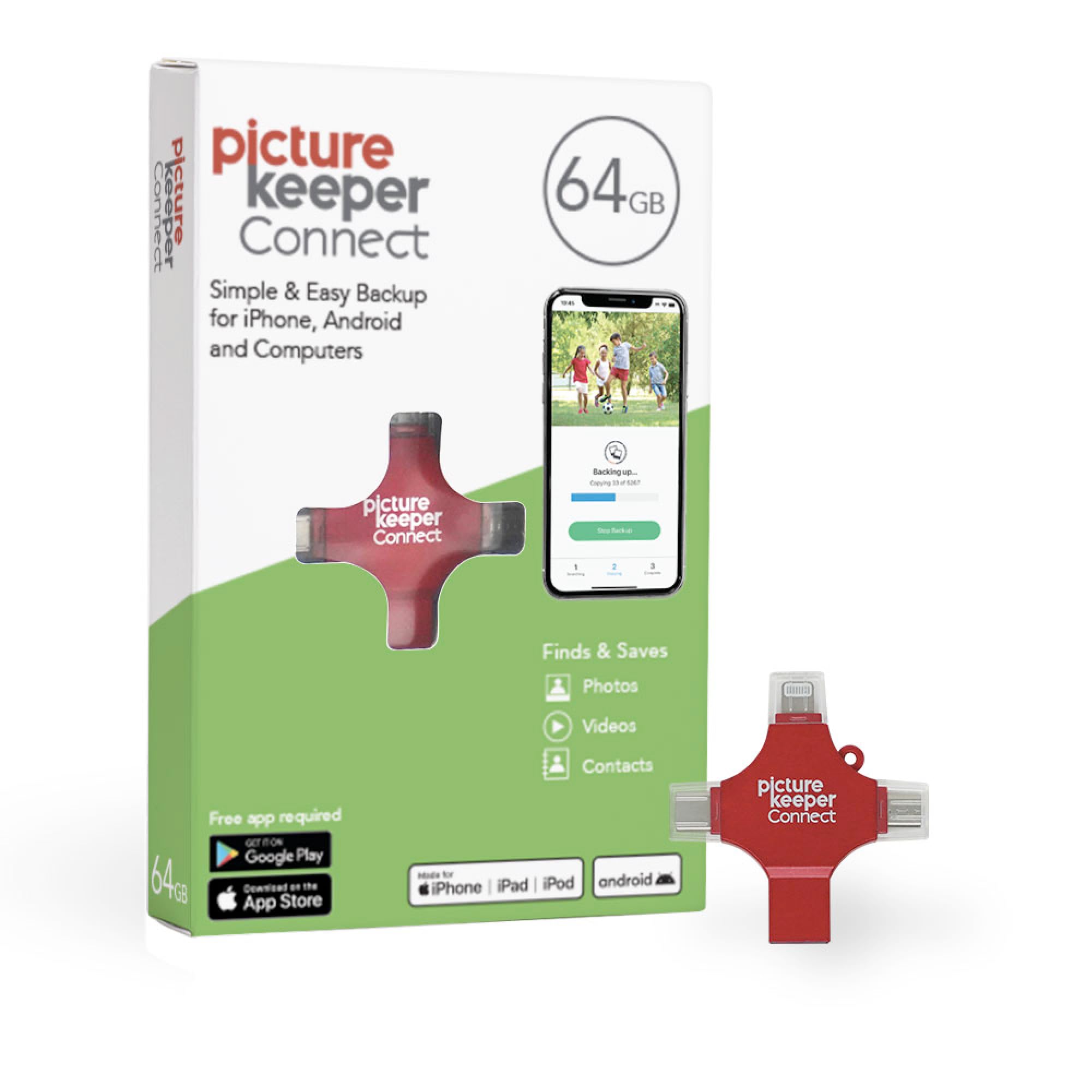Picture Keeper Connect for iPhone, Android, USB-C, PC & Mac - 64GB USB Stick Backup for Photos, Videos, Flash Drive Memory Backup - 64GB, Berry