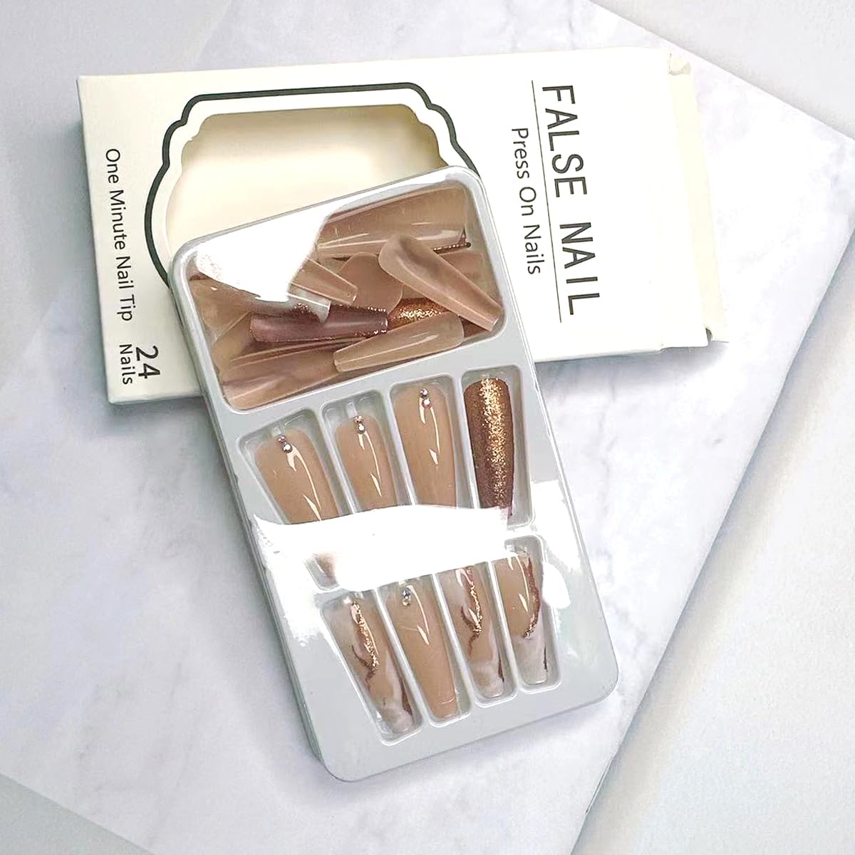 Glitter Marble Press on Nails Long - Long Square Press on Nails,Coffin Nails Glossy Shiny Fake Nails with Rhinestones Design Reusable Stick on Nails Natural Artificial Nails Glue on Nails for Women - Image 6