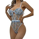 Myilewjt Women's Lace Up Front Floral Embroidered Teddy Lingerie Bodysuit Sexy Top Boudoir Outfit One Piece