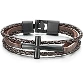 COOLSTEELANDBEYOND Unisex Braided Leather Bracelet, Black Sideways Cross Stainless Steel Wristband, Religious Jewelry Gift