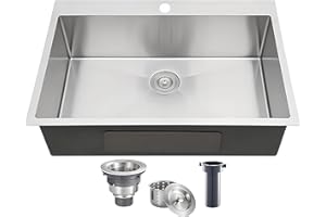 VC CUCINE VCCUCINE 28x18 Inch Drop in Kitchen Sink 16 Gauge Top Mount Handmade T304 Brushed Nickel Kitchen Sink,Stainless Steel Single Bowl Workstation Topmount Overmount Sink with Strainer
