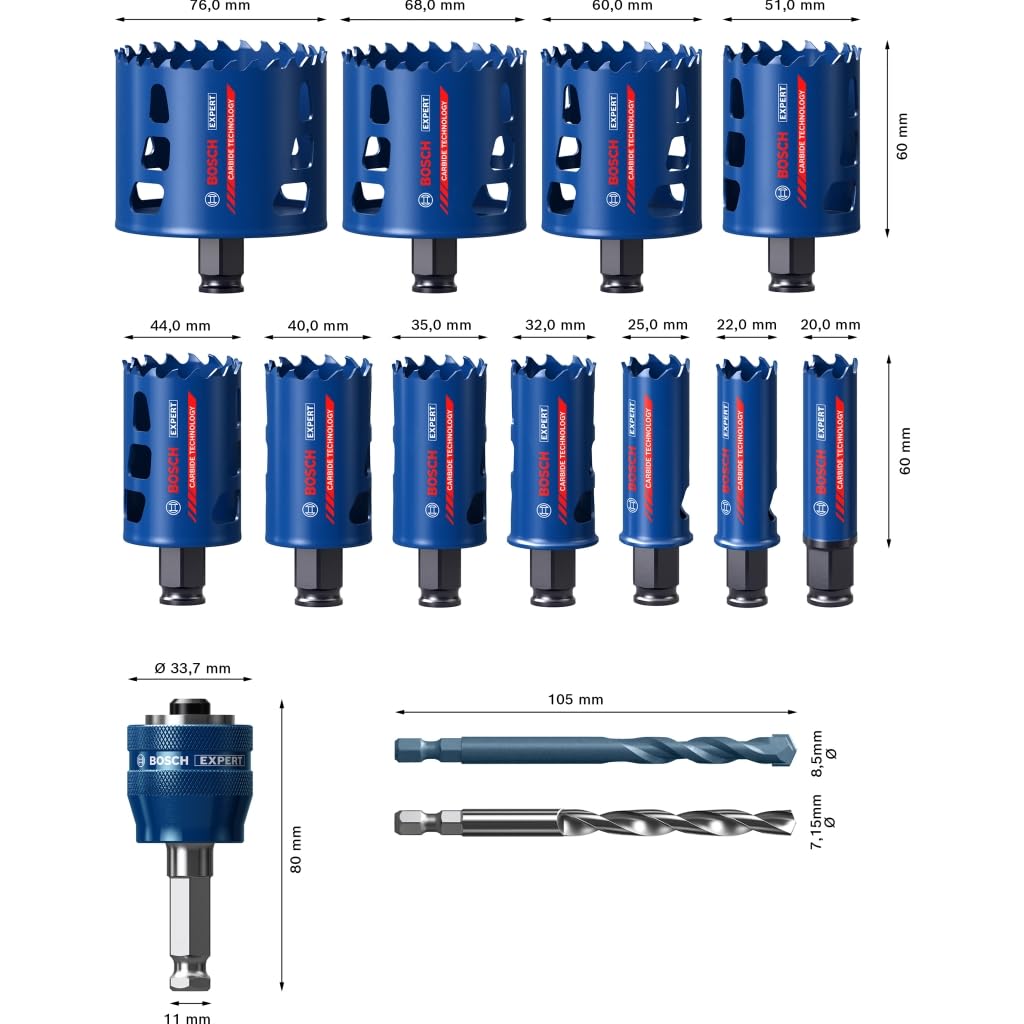 Bosch 11x EXPERT Tough Material Lochsäge Set (für Holz mit Metall, Ziegelstein, Ø 20-76 mm, Professional Zubehör Bohrmaschine/Schrauber) 4
