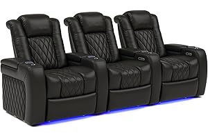 VALENCIA THEATER SEATING Valencia Tuscany Home Theater Seat - Nappa Leather Power Recliner with Cool Gel Memory Foam, USB-C/USB-A Charging, RGB LED Lights, Adjustable Lumbar & Headrest (Row of 3, Black)
