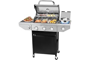 Unovivy 3-Burner Propane Gas BBQ Grill with Side Burner & Porcelain-Enameled Cast Iron Grates Built-in Thermometer, 37,000 BTU Outdoor Cooking, Patio, Garden Barbecue Grill, Black and Silver