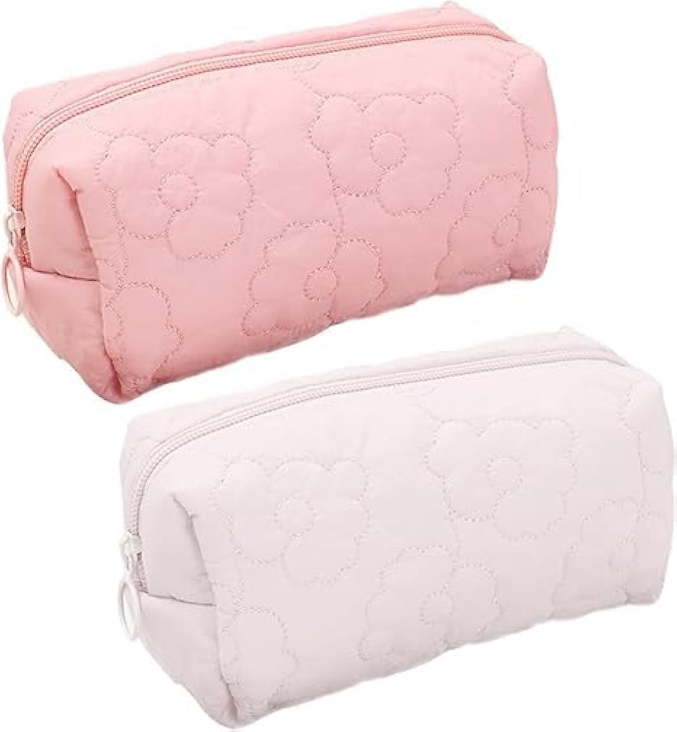 Qusmeiyici 2 PCS Floral Cotton Quilted Makeup Bag, Cute Small Flower Makeup Organizer Pouch for Women Girls (Pink)